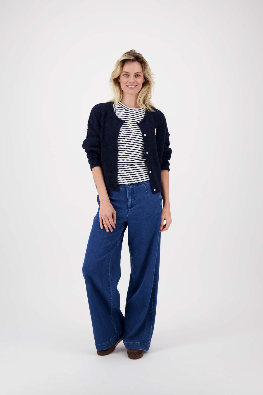 singlet met streep in structuur materiaal | off white / navy