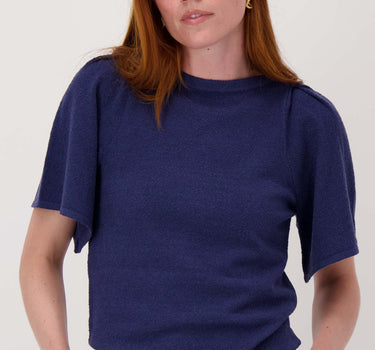 butterfly sleeve boat neck top in bouclé yarns | summer navy