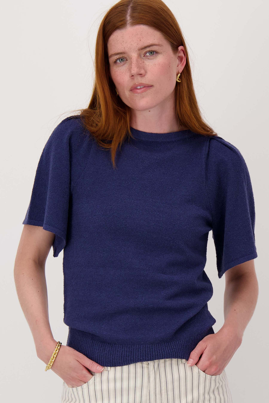 butterfly sleeve boat neck top in bouclé yarns | summer navy