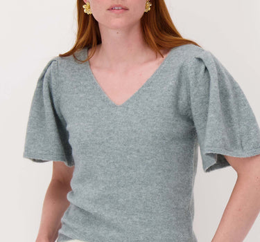 butterfly sleeve top in fluffy yarn | silver blue