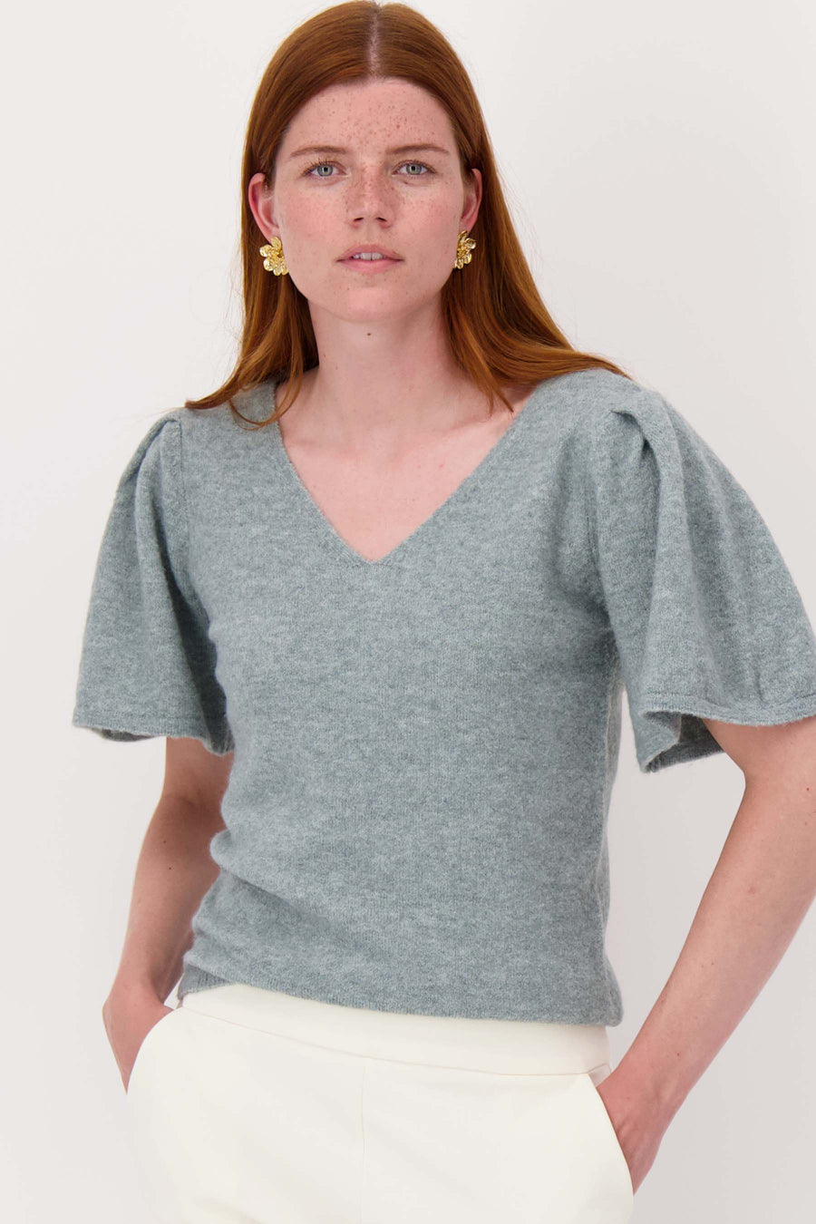 butterfly sleeve top in fluffy yarn | silver blue