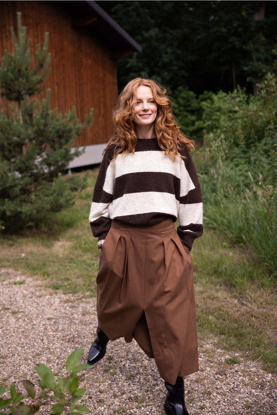 trui met blok streep | dark choco / grey oyster