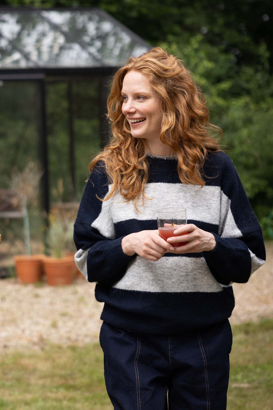 trui met blok streep | dark navy / grey melange