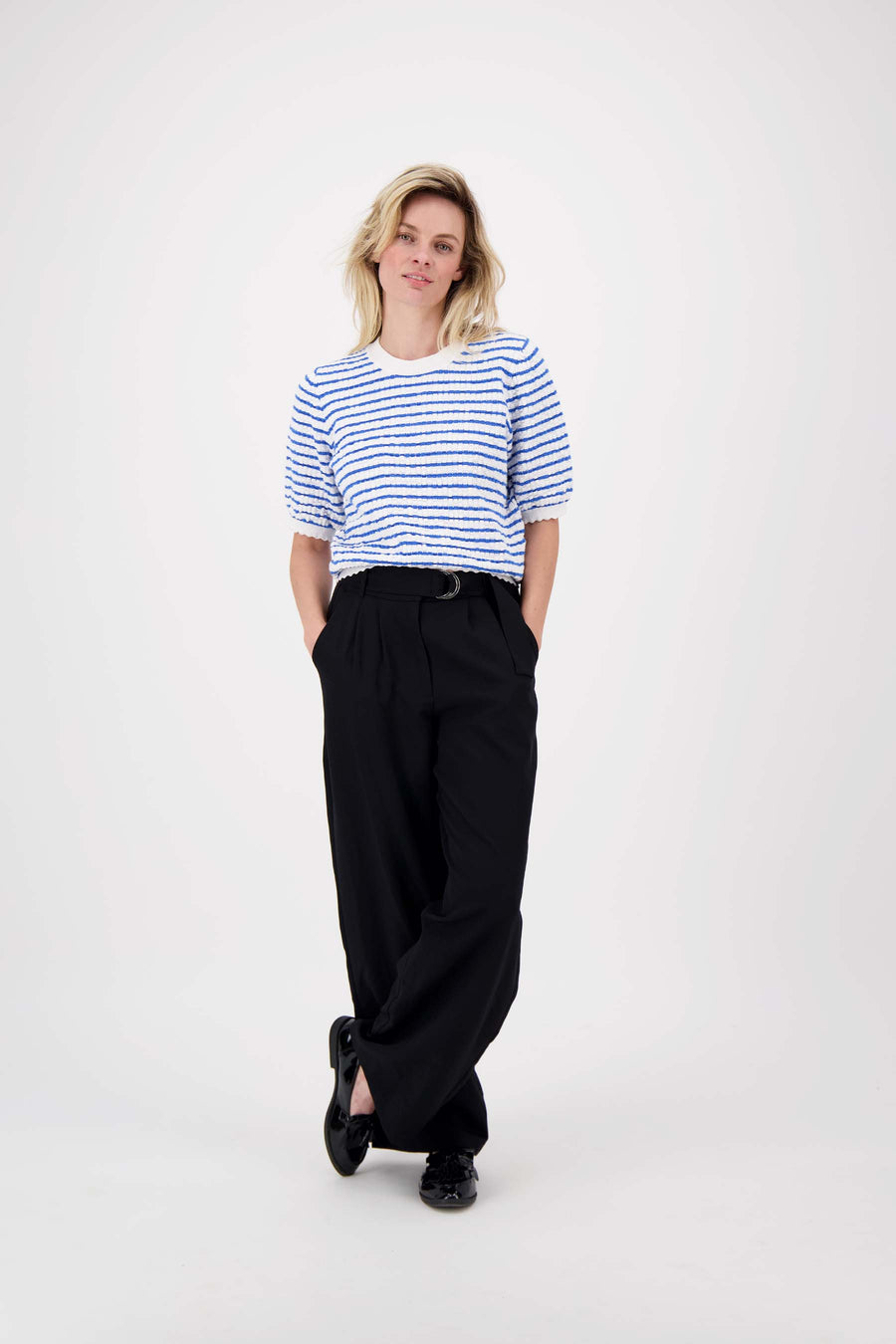 trui korte mouw met streep | wit / donkerblauw