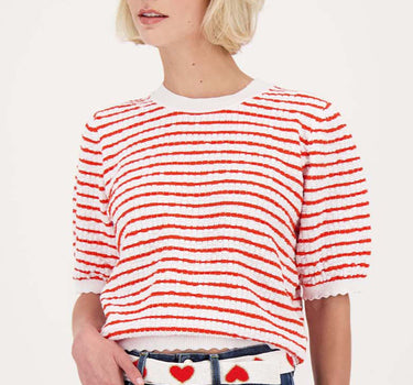 Pullover mit kurzen Ärmeln und Streifen | weiß/rot