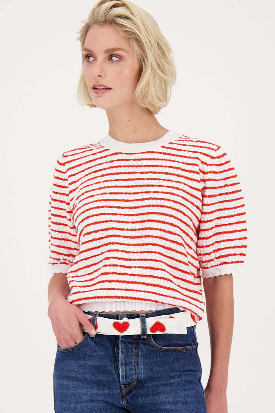 Pullover mit kurzen Ärmeln und Streifen | weiß/rot