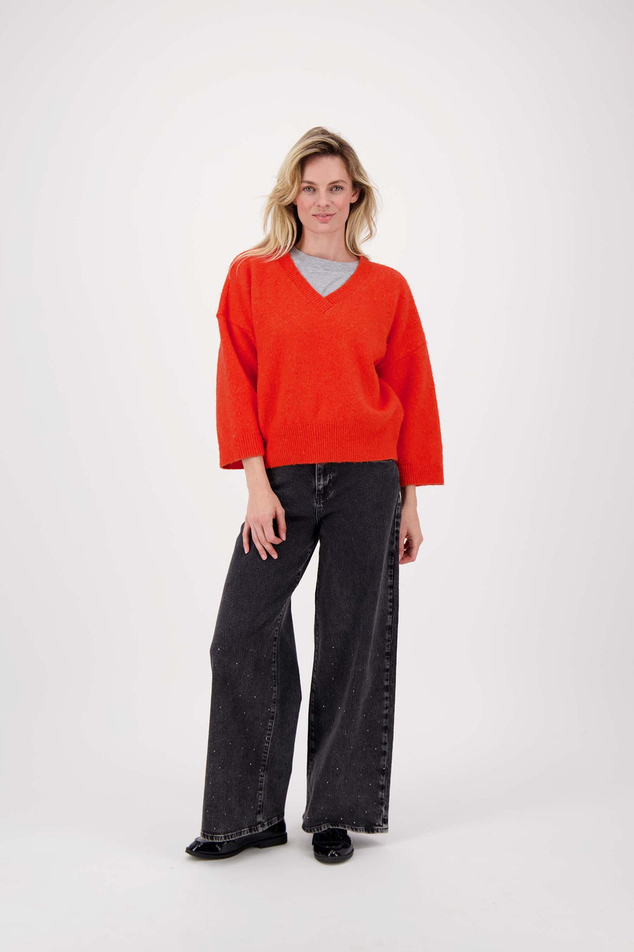 trui korte mouw met V hals | oranjerood