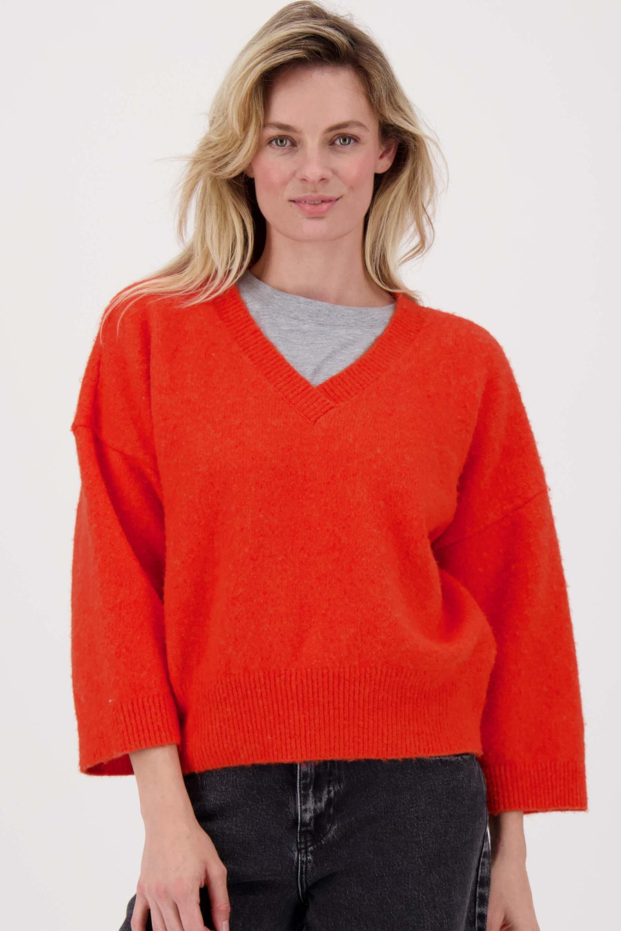 Pullover mit kurzen Ärmeln und V-Ausschnitt | orange-rot