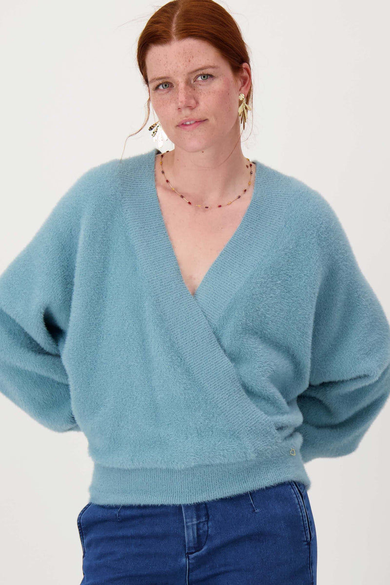 wrap sweater in fluffy yarn | gray blue