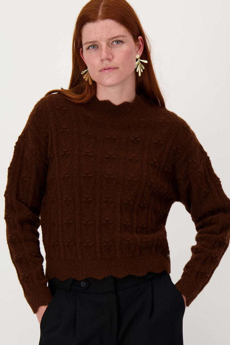 openwork sweater with scalloped edge | chocolate brown