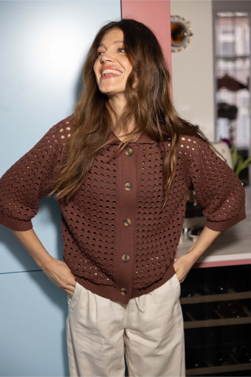 cardigan with polo collar in openwork | mid brown