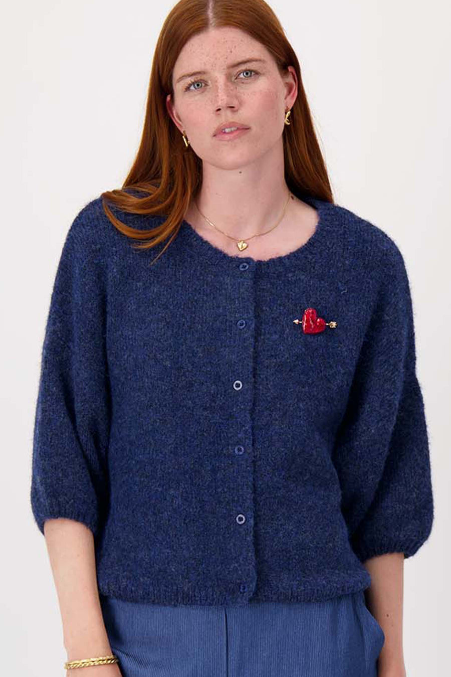 soft basic cardigan with batwing sleeves and brooch | summer navy