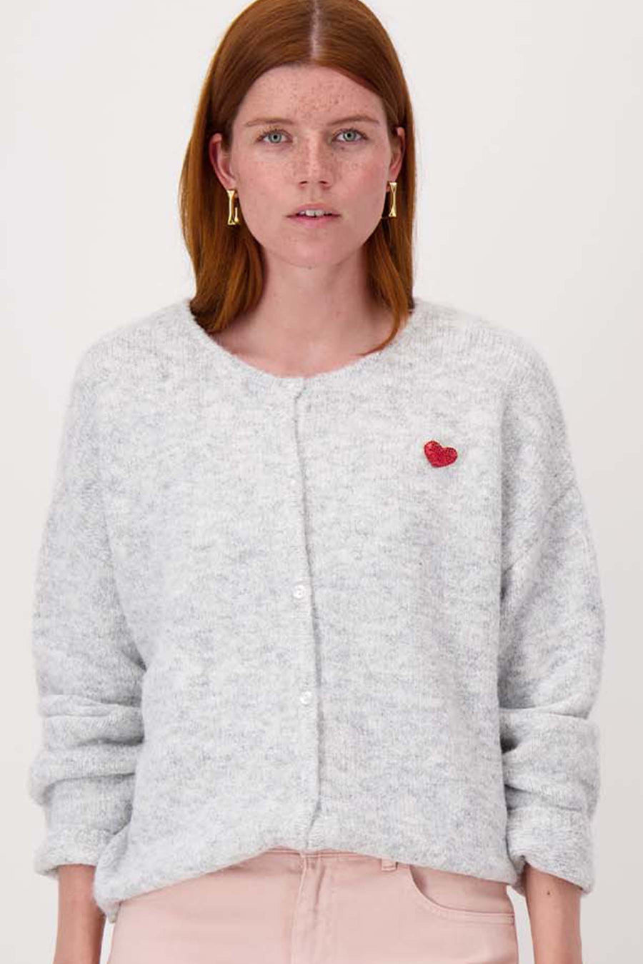 basic long-sleeved cardigan with brooch | gray melange