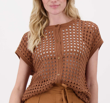 openwork sleeveless cardigan | warm camel