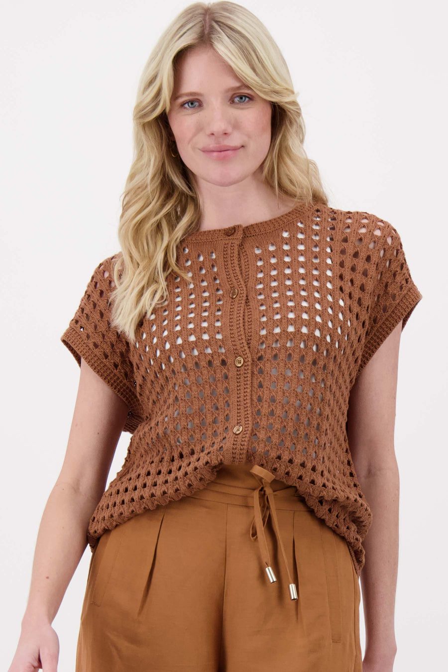 Ajour-Strickjacke, ärmellos | warmes Camel