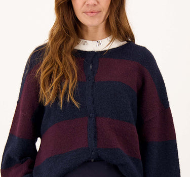 Basic cardigan with brooch in block stripes | dark navy / burgundy