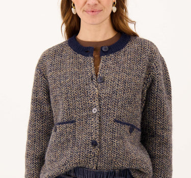 Jacquard-Strickjacke im Fischgrätenmuster | Dunkelblau / Grau meliert