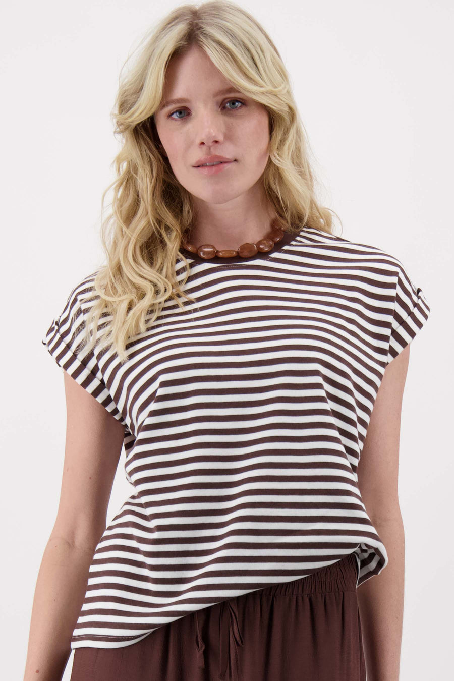 T-shirt met opgerolde mouw streep | off white /brown