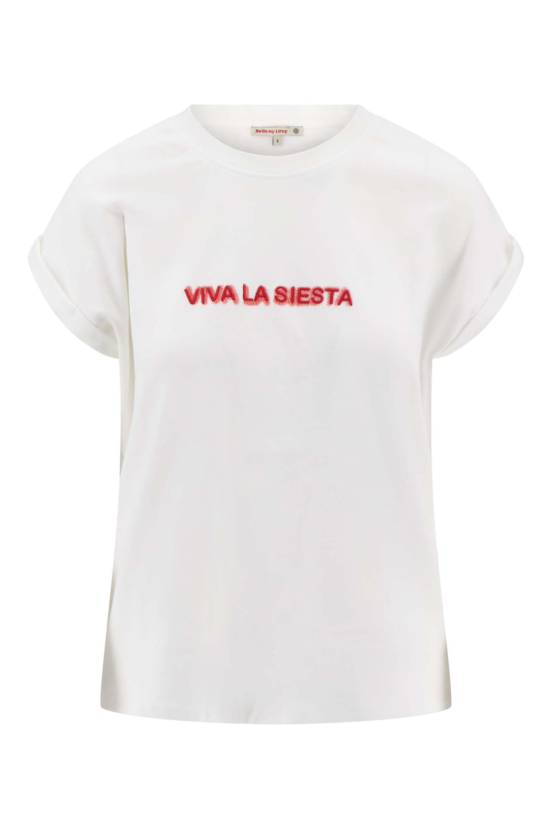 T-shirt met opgerolde mouw viva la siesta | off white / coral