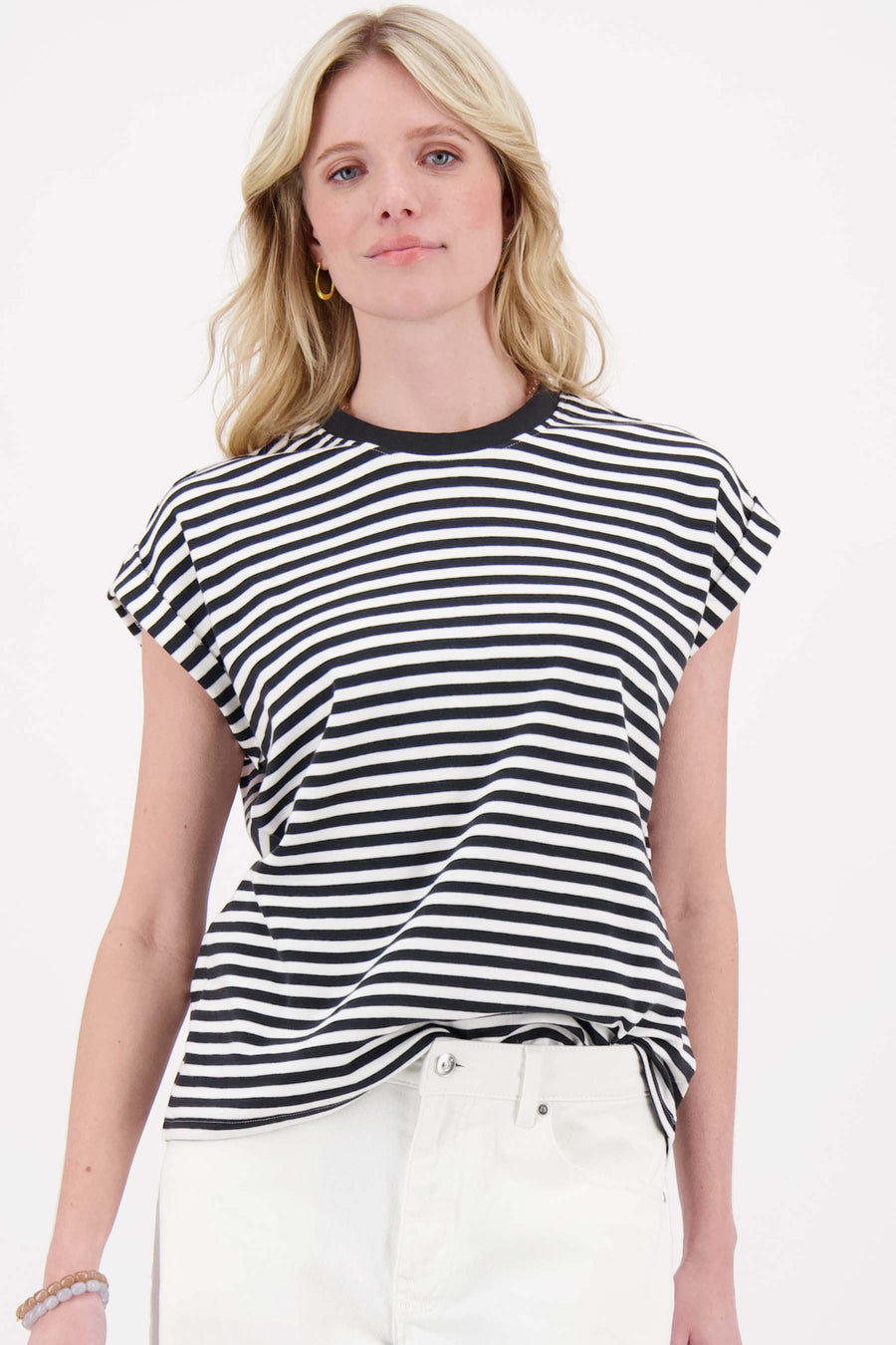 T-shirt met opgerolde mouw streep | off white / zwart