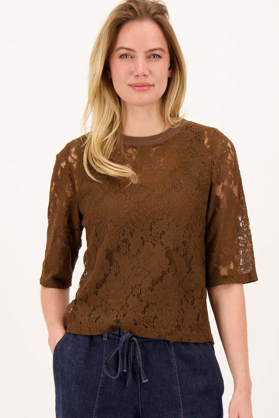 kanten top met ribboord | dark choco