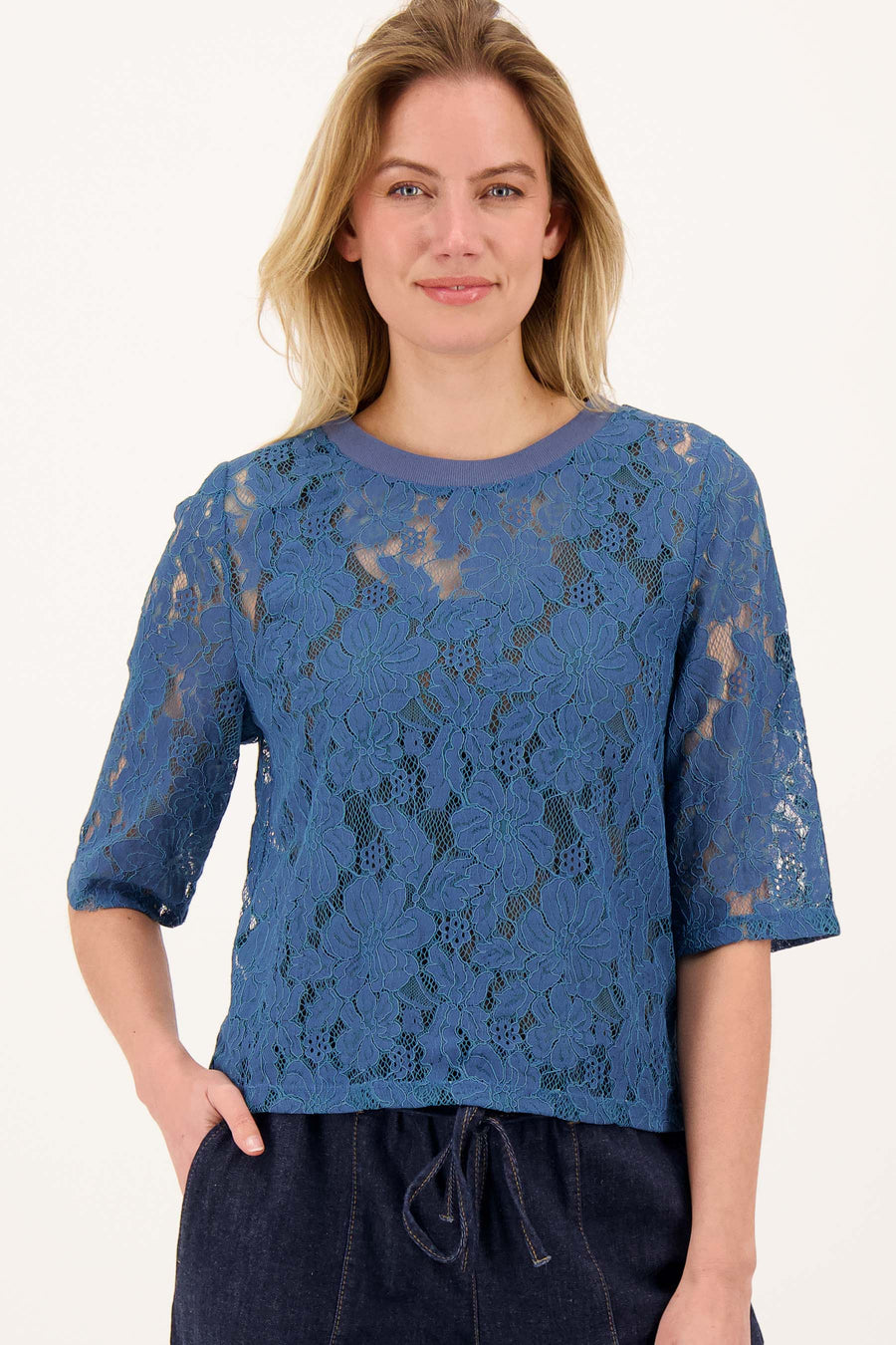 kanten top met ribboord | ocean blue