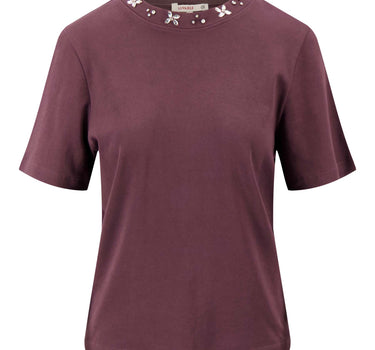 t shirt met kralen hals met korte mouw | burgundy