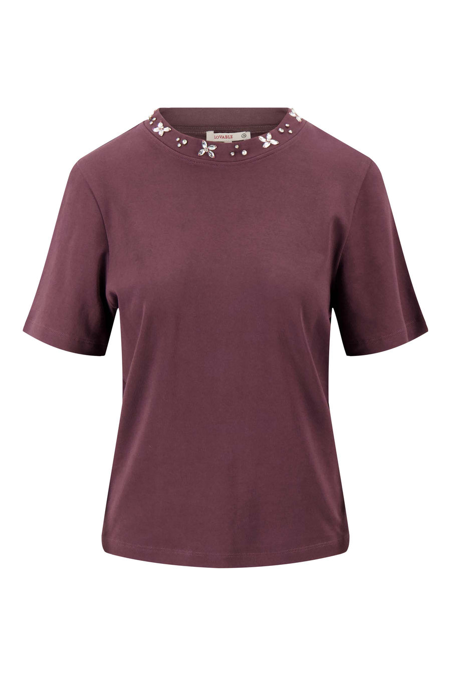 t shirt met kralen hals met korte mouw | burgundy