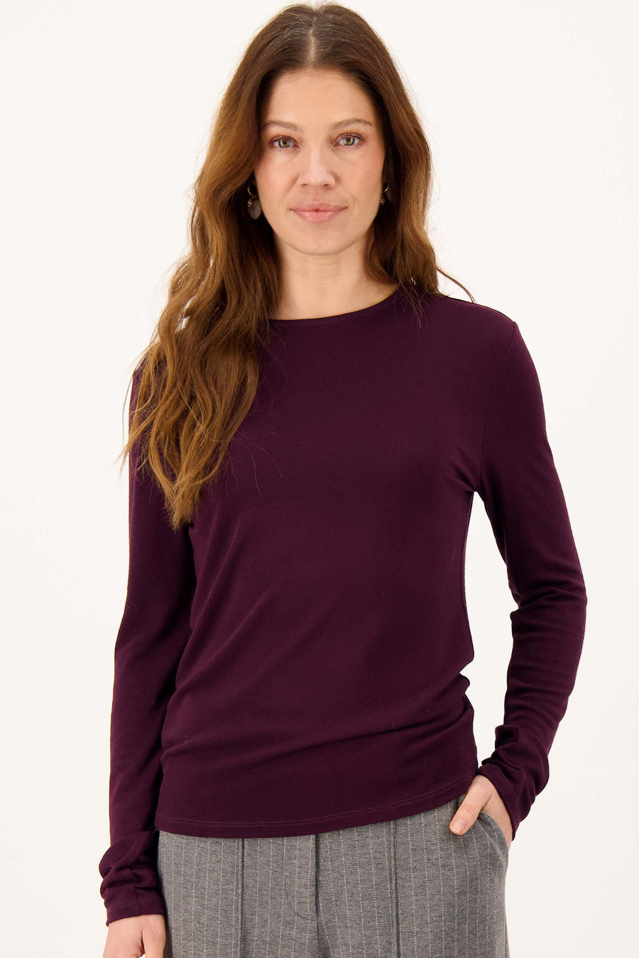 lange mouw ronde hals top en rib | burgundy