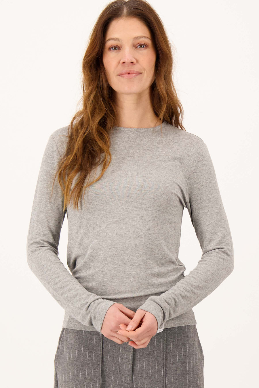 lange mouw ronde hals top en rib | grey melange