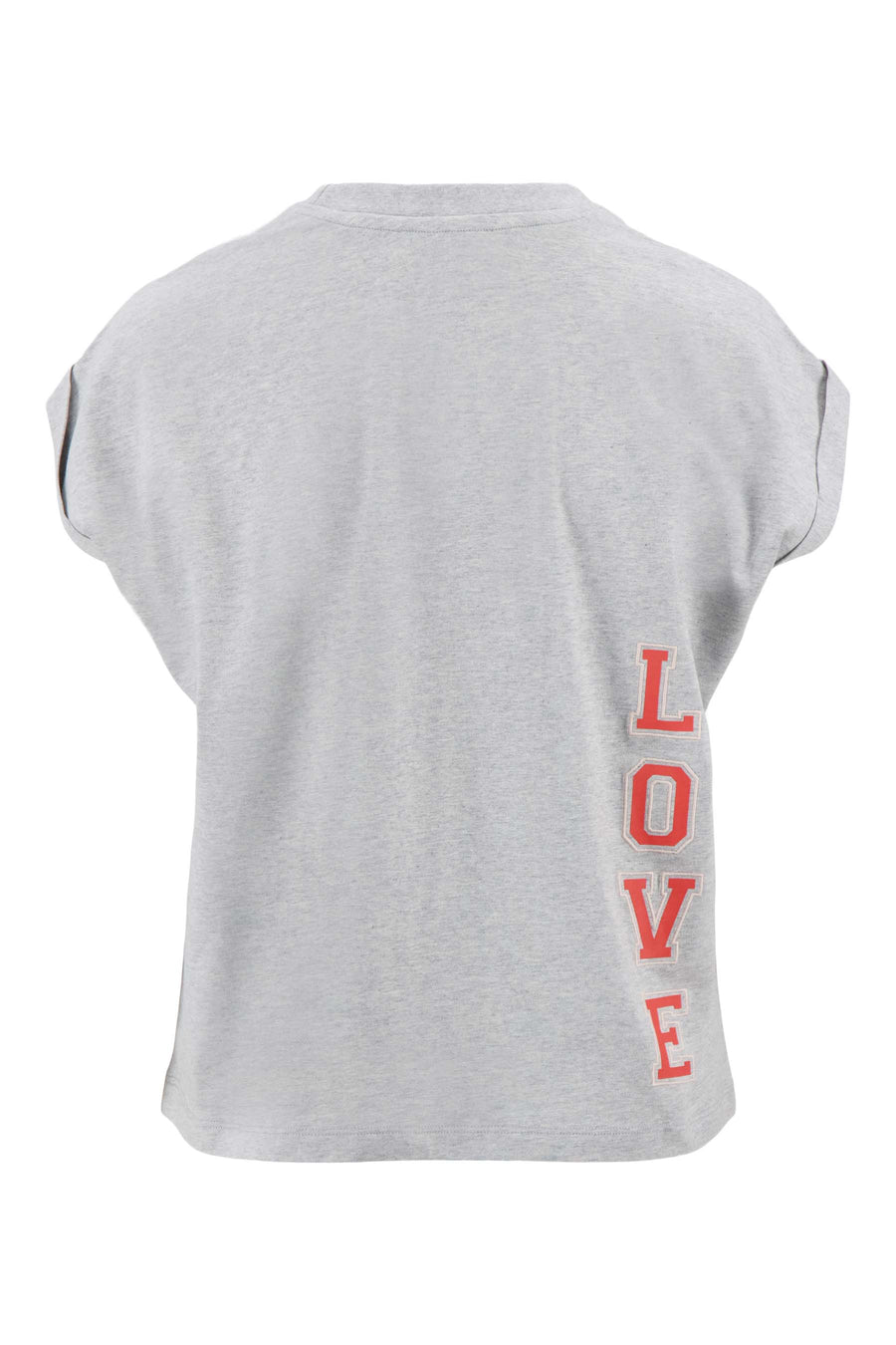 top met rollup mouw met borduur print | light grey melange/ red / pink