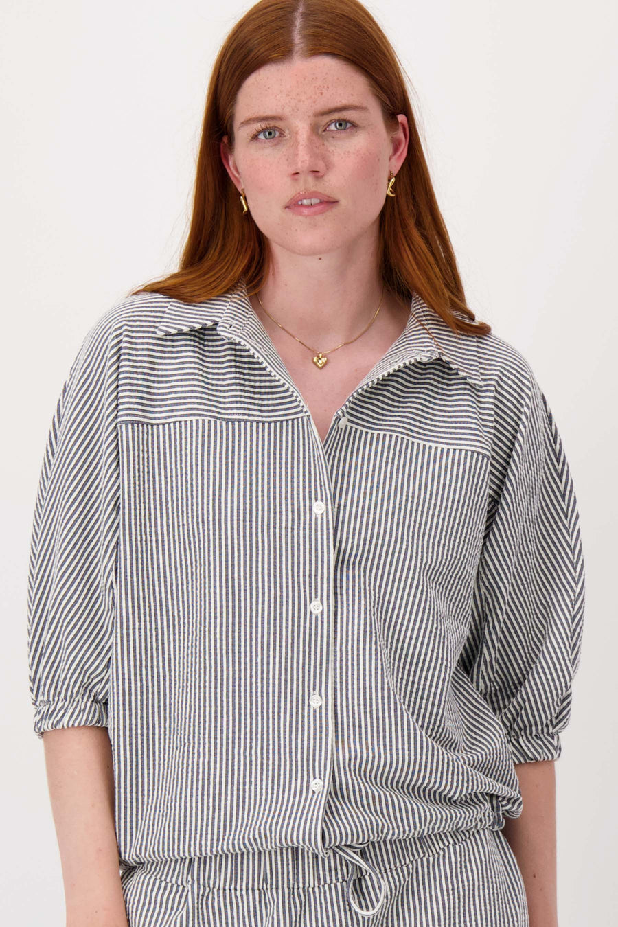 Gestreifte Bluse aus strukturiertem Stoff | Sommer-Marineblau / Off-White