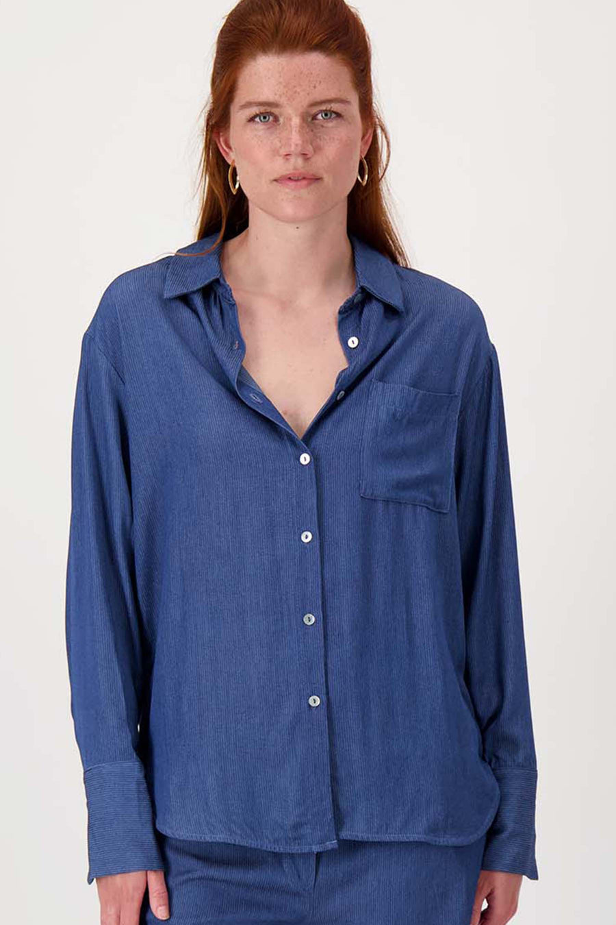 gestreepte denim blouse | mid blue denim
