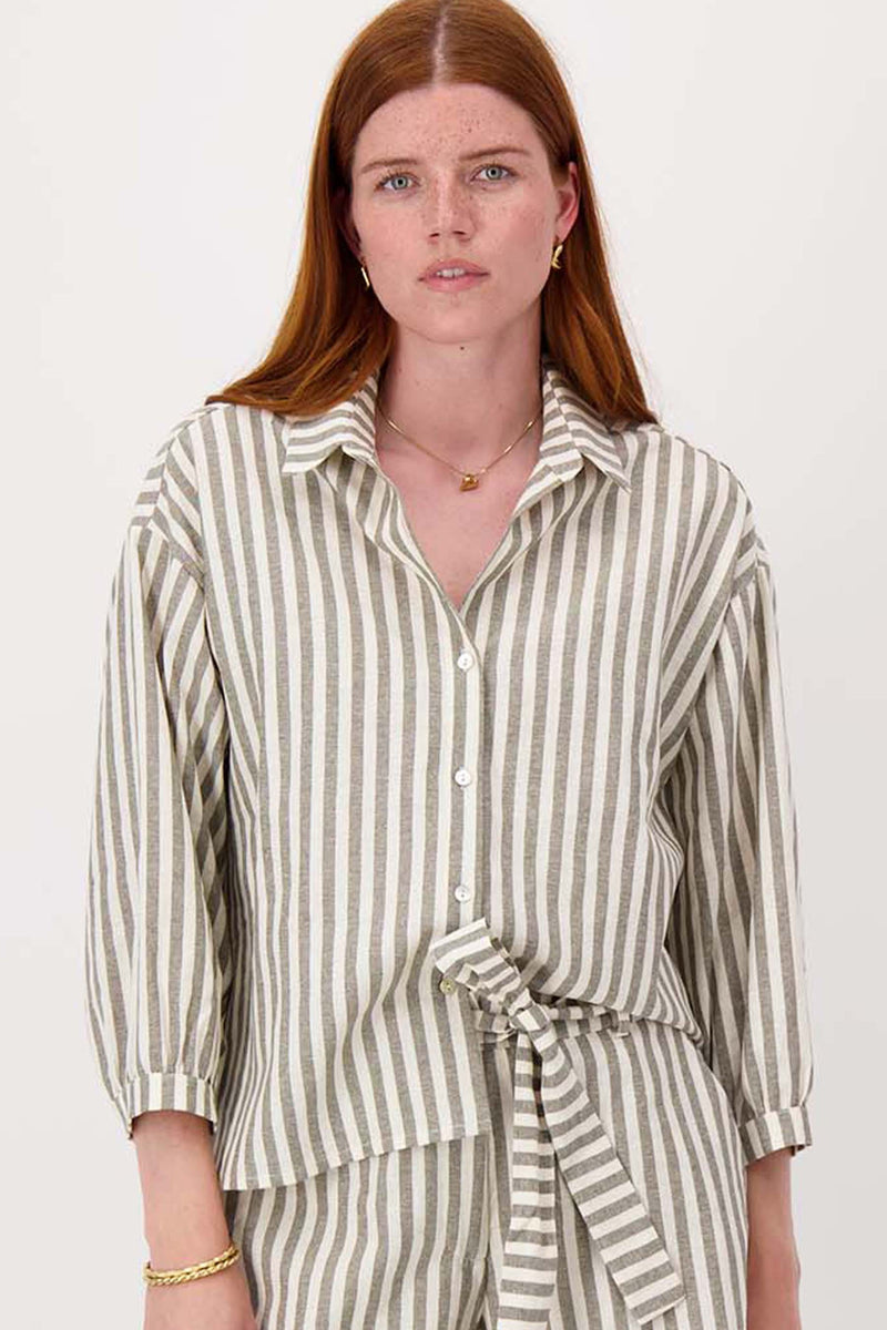 gestreepte linnen blouse | light mossgreen / off white