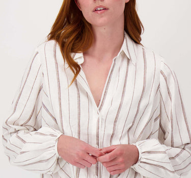 Wrap blouse with stripes | off-white/brown