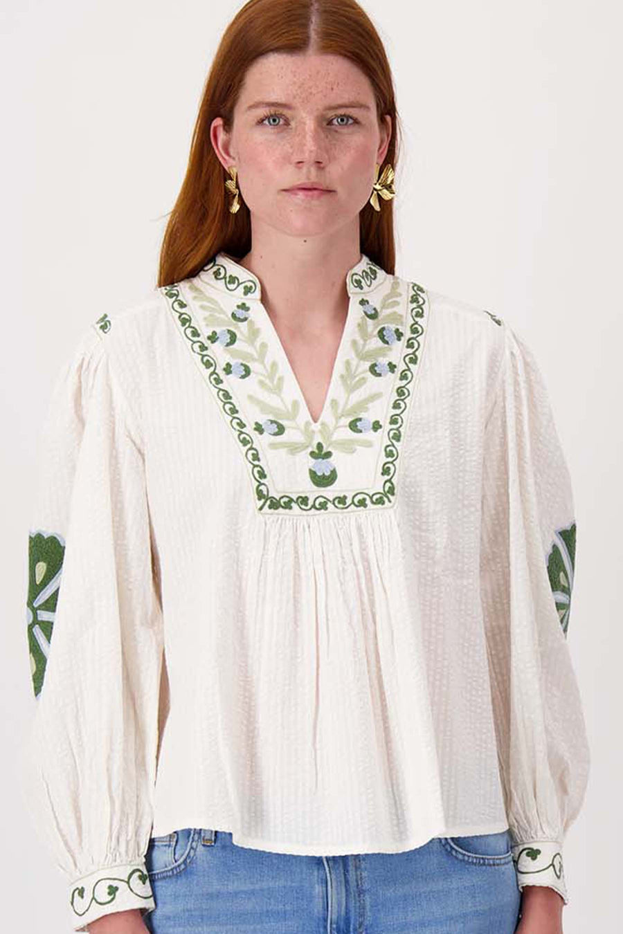 seersucker blouse met bloemen | off white/ mossgreen