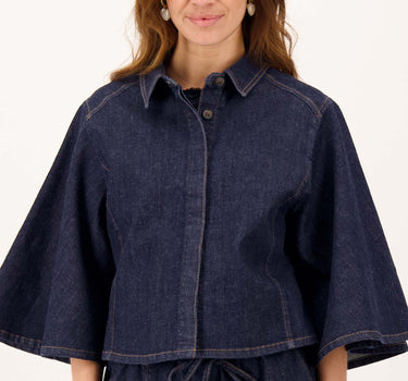 denim blouse with wide sleeves | mid-blue denim