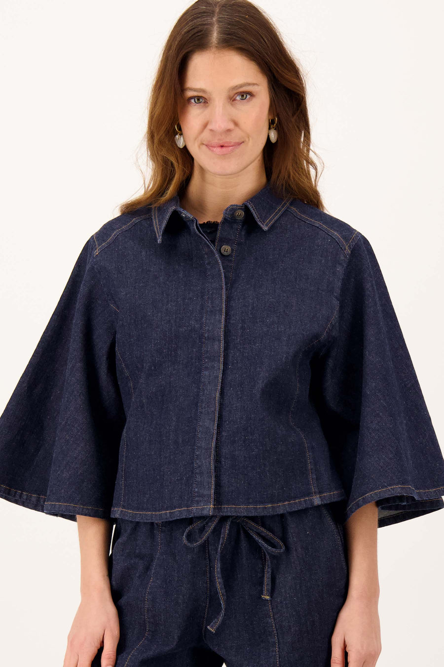 denim blouse met wijde mouw | mid blue denim