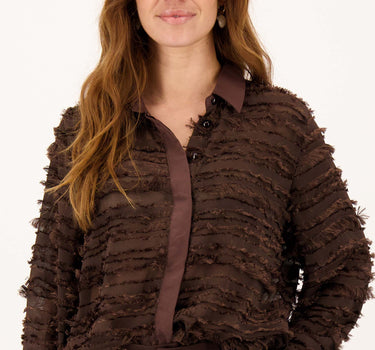 long-sleeve feather blouse | dark chocolate