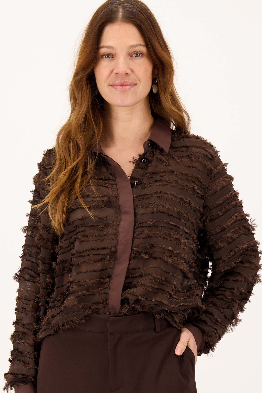 feather blouse lange mouw | dark choco