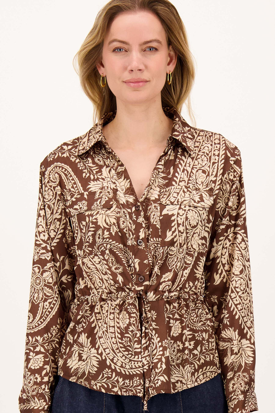 Satijnlook Paisley Print Blouse met Taillekoordje | hazelnut