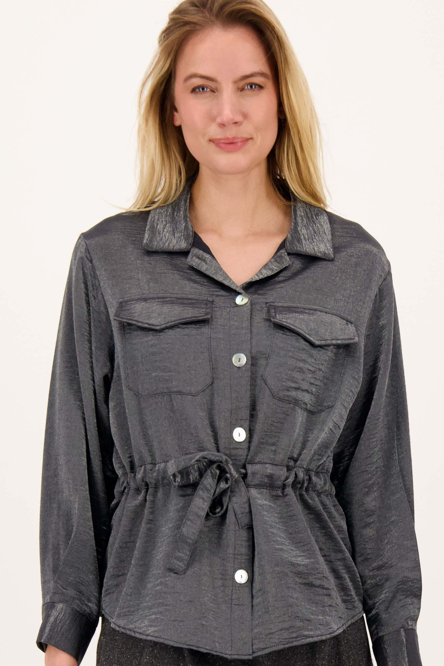 Lange Satijnen Blouse met Taillekoord | iron grey