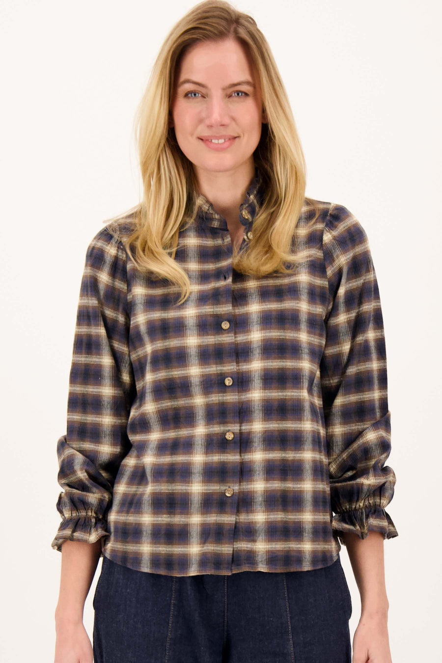 ruit blouse met ruffle | dark choco / grey oyster