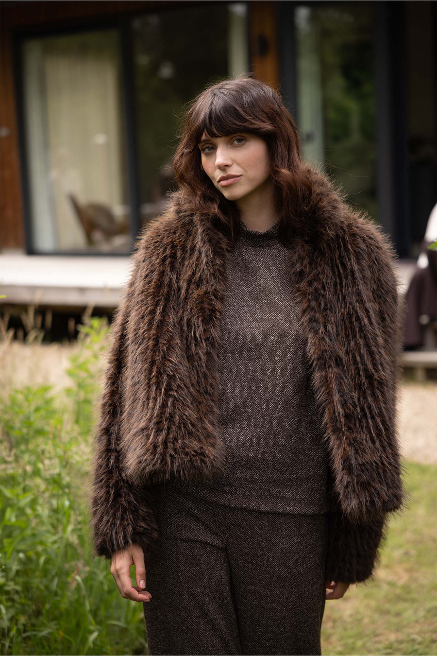 fake fur jasje met panterprint | dark choco
