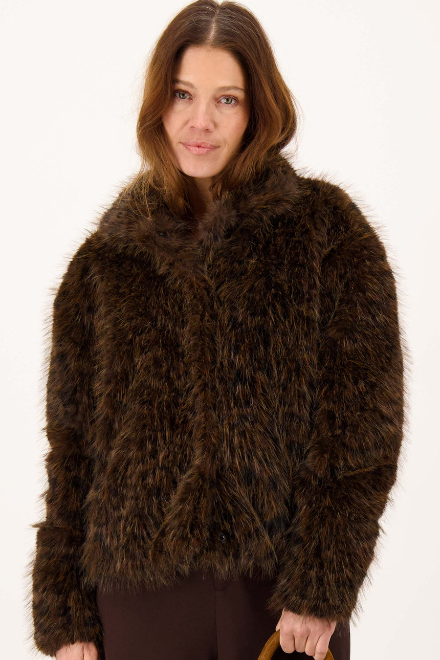 Faux fur jacket with leopard print | dark chocolate