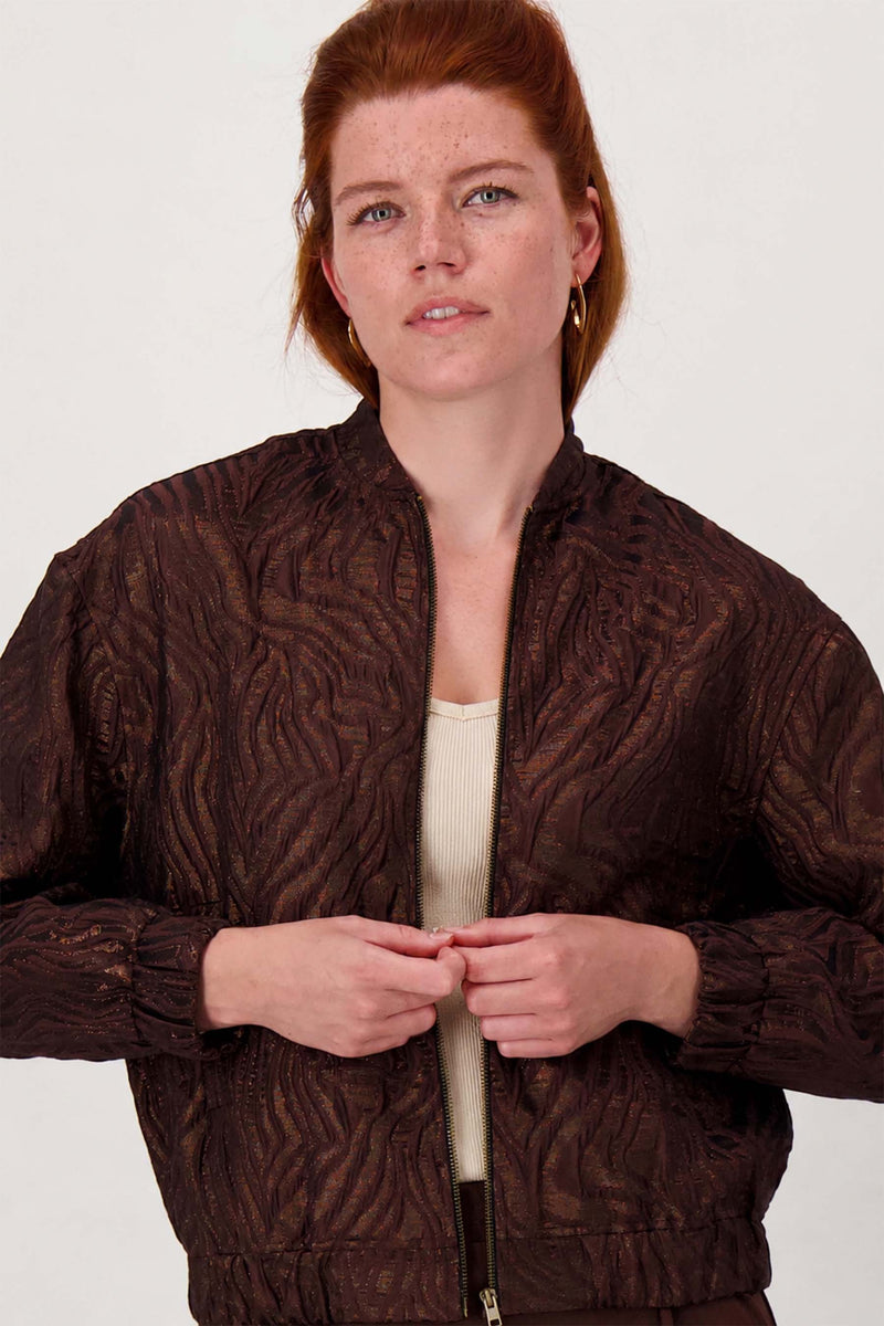 bomber jasje van lurex jaquard stof | chocoladebruin / goud