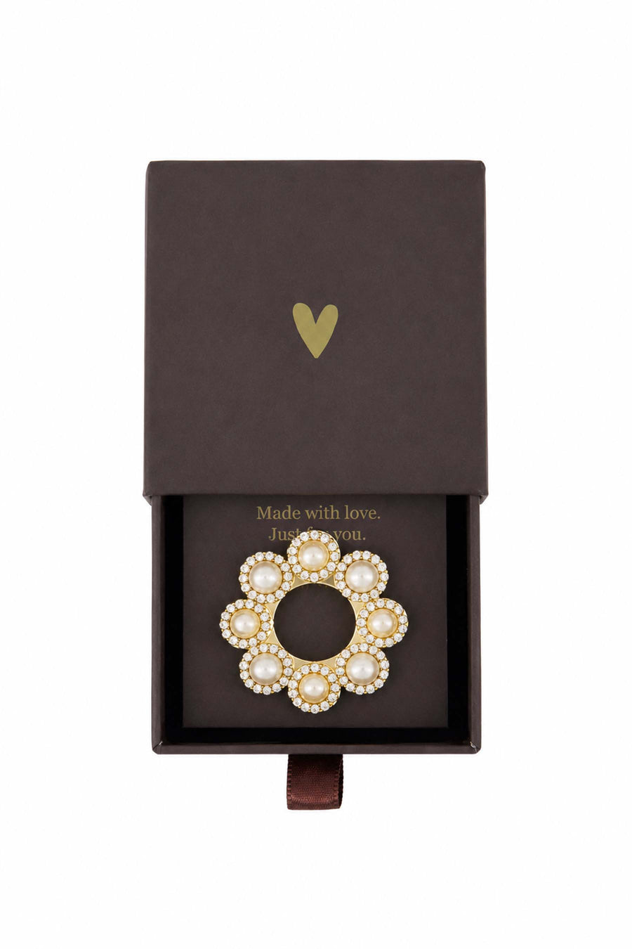 Ronde Broche met Parels in Doosje | gold