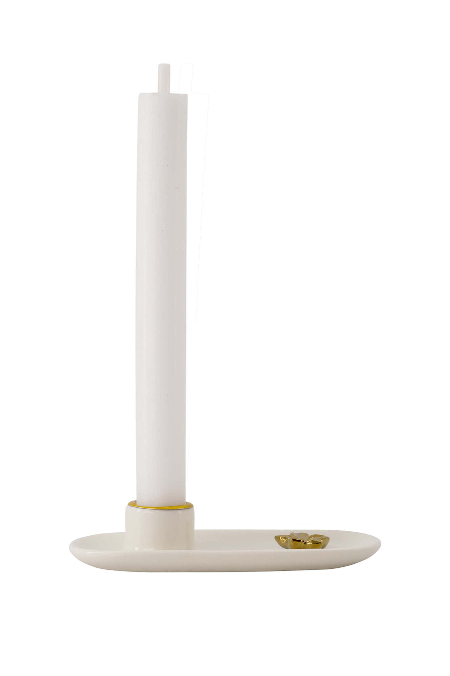 ceramic candle holder with flower | white / gold