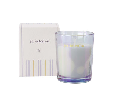 Scented glass candle in a box "genietennn" | blue / ochre by Zusss, glass candle in a clear jar with gold lettering.