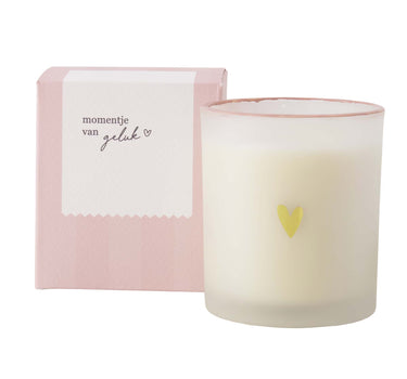 Scented candle in a glass jar, "A Moment of Happiness" | white / gold / pink